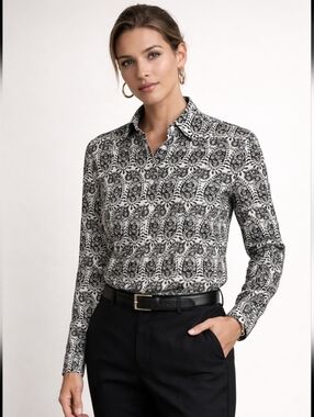 Talbots Black White Paisley Leaf Vine Motif Cotton Button Down Blouse Sz LgP